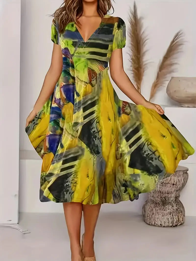 Women's breezy V-neck short sleeve summer dress, lightweight beach-to-everyday casual fit