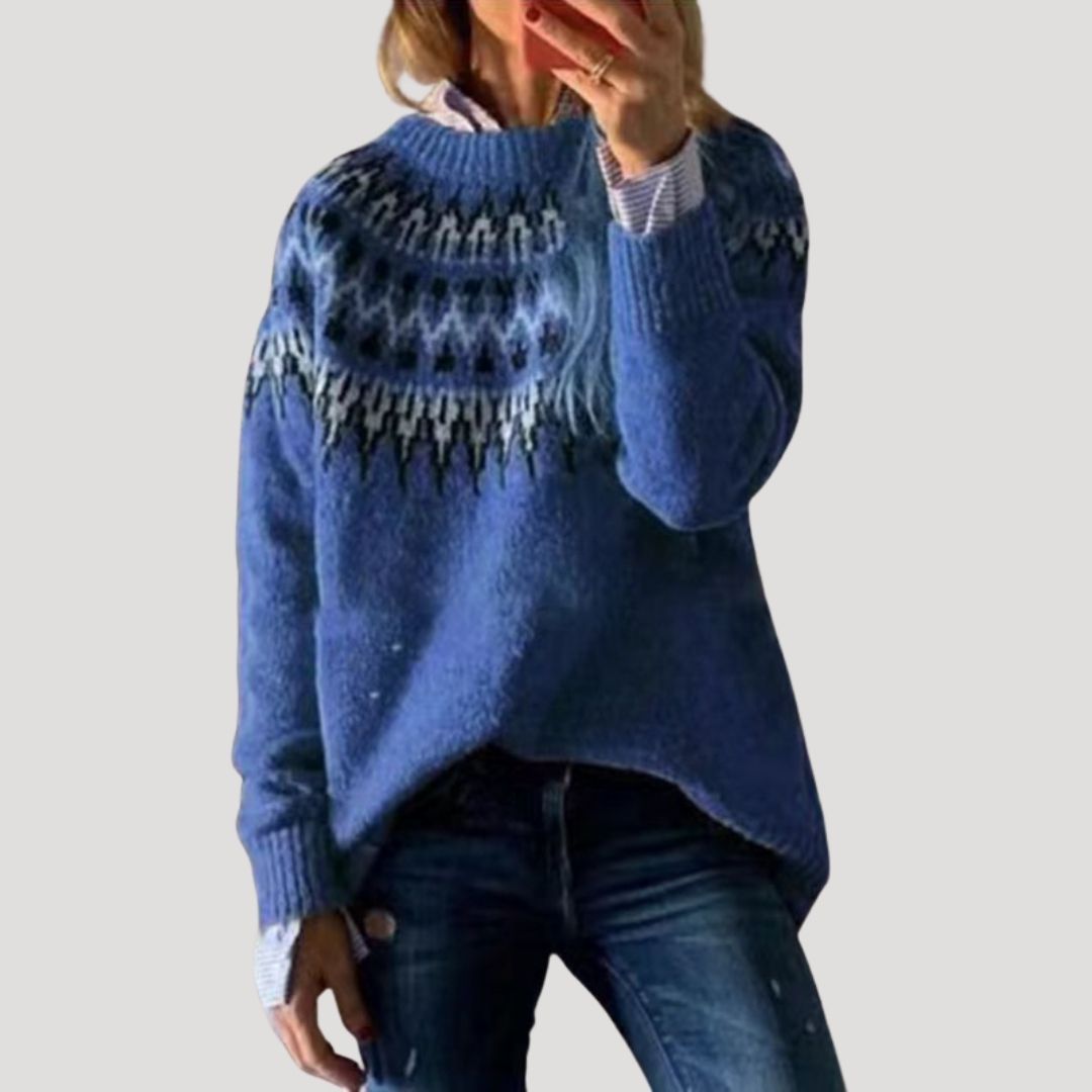 Women's spring patterned knit pullover sweater in casual relaxed fit with intricate textured design