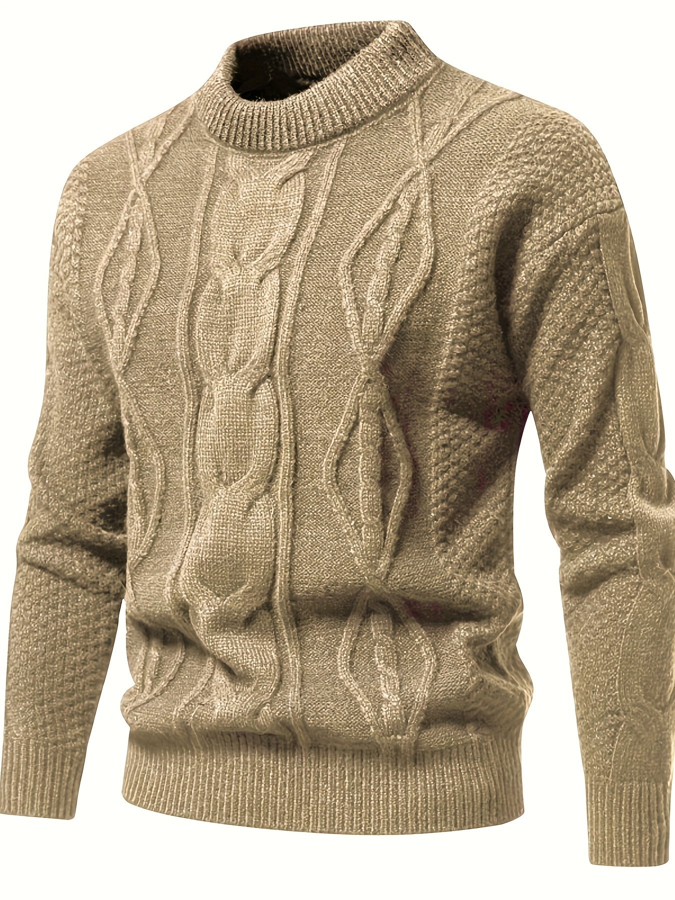 Men's solid knit sweater vintage-style round neck monochrome breathable stretch fabric