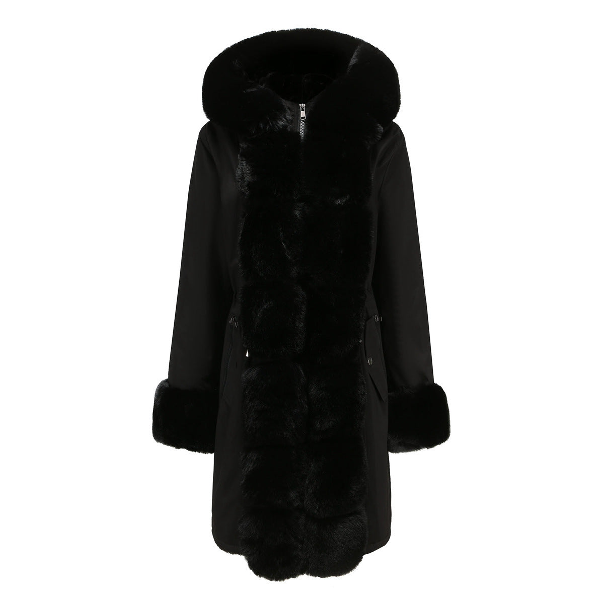 Women's mid-length quilted parka in elegant winter style with detachable faux fur collar