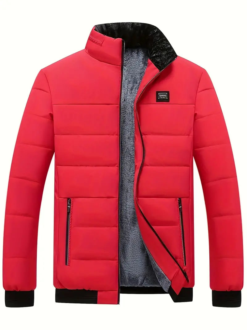Men's black velvet-lined stand collar winter jacket with structured neckline, warm luxurious outerwear