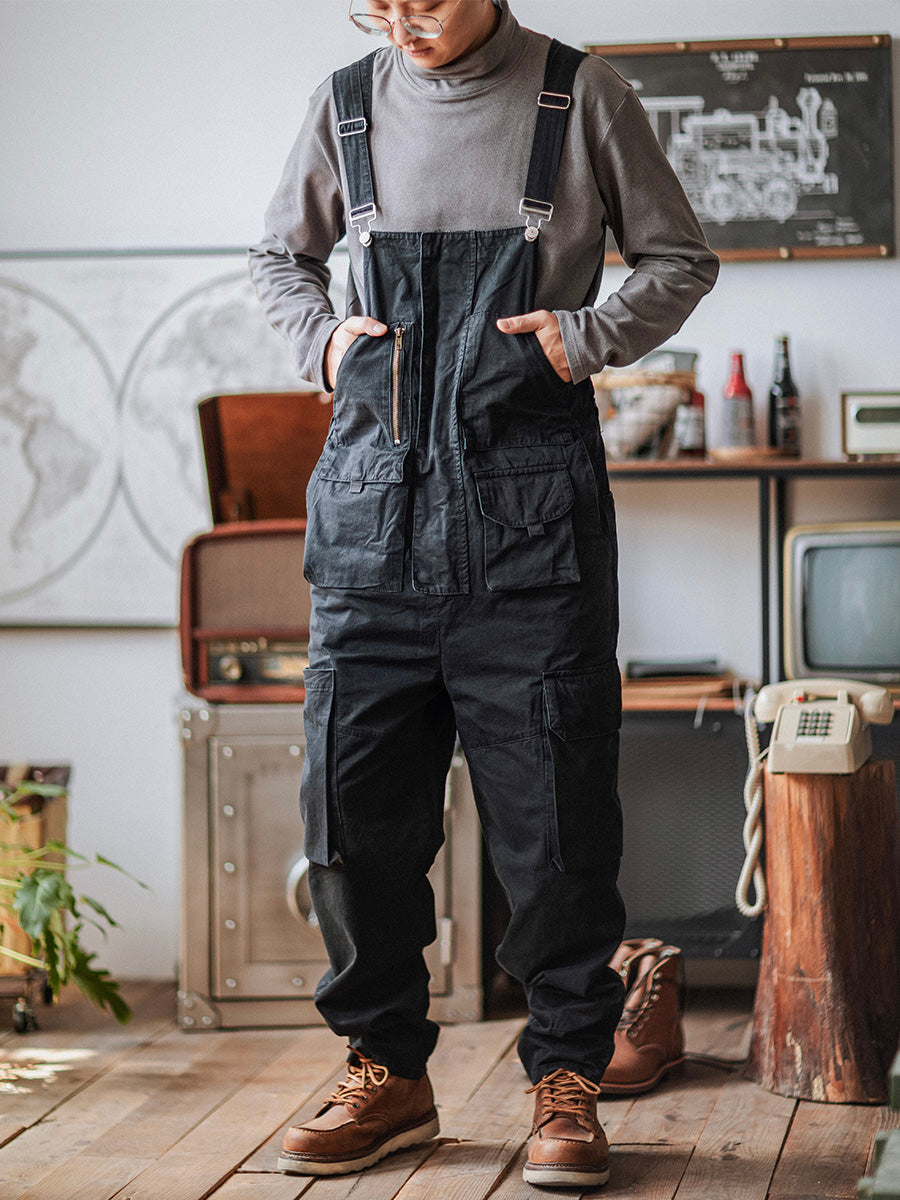 Loose-fit unisex overalls with multiple pockets, tapered silhouette for casual everyday comfort