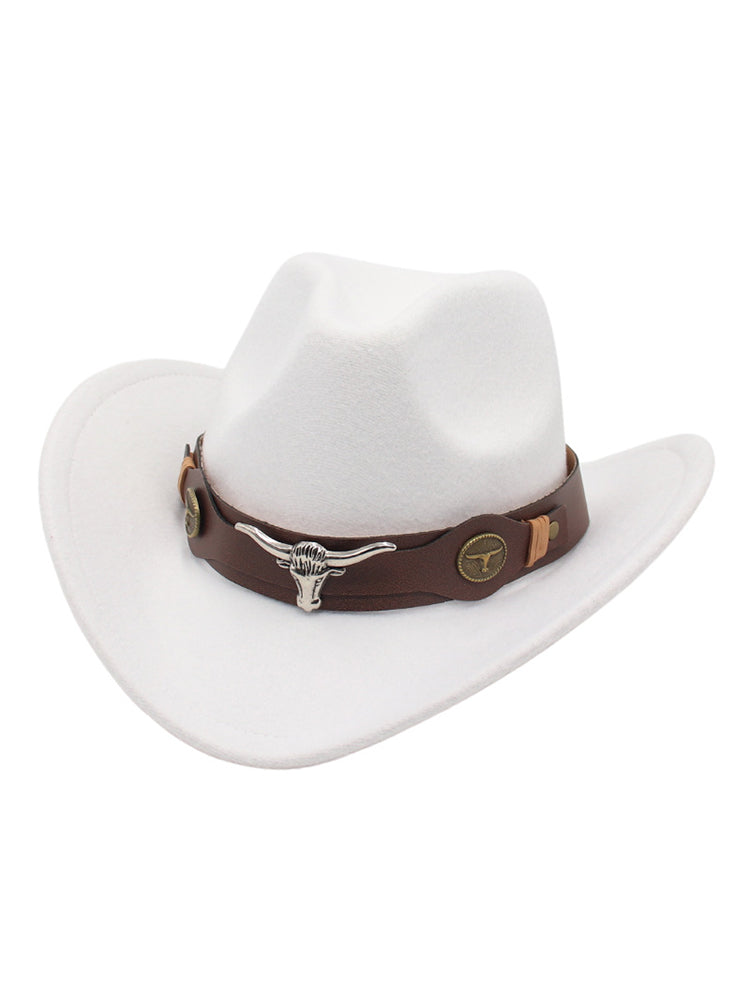 Tan wool felt cowboy hat with bull head decoration, Western-style wide brim for daily casual wear