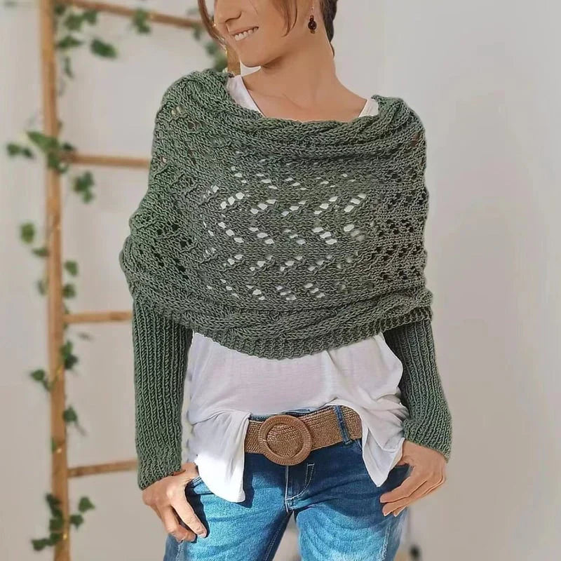 Beige bohemian knit scarf for women, cozy draped wrap with versatile everyday luxe style