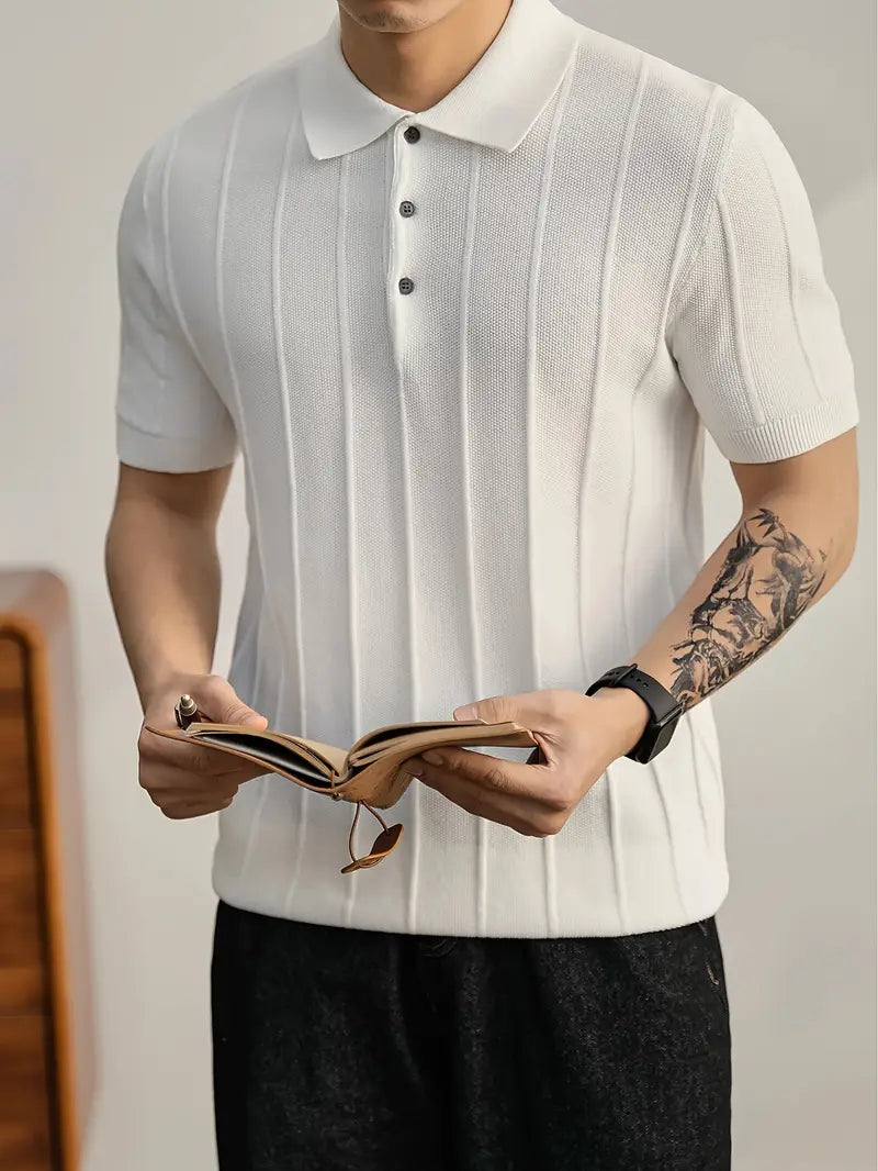 Men's textured knit polo shirt in neutral tone with sculpted vertical ribbing and slim smart-casual cut