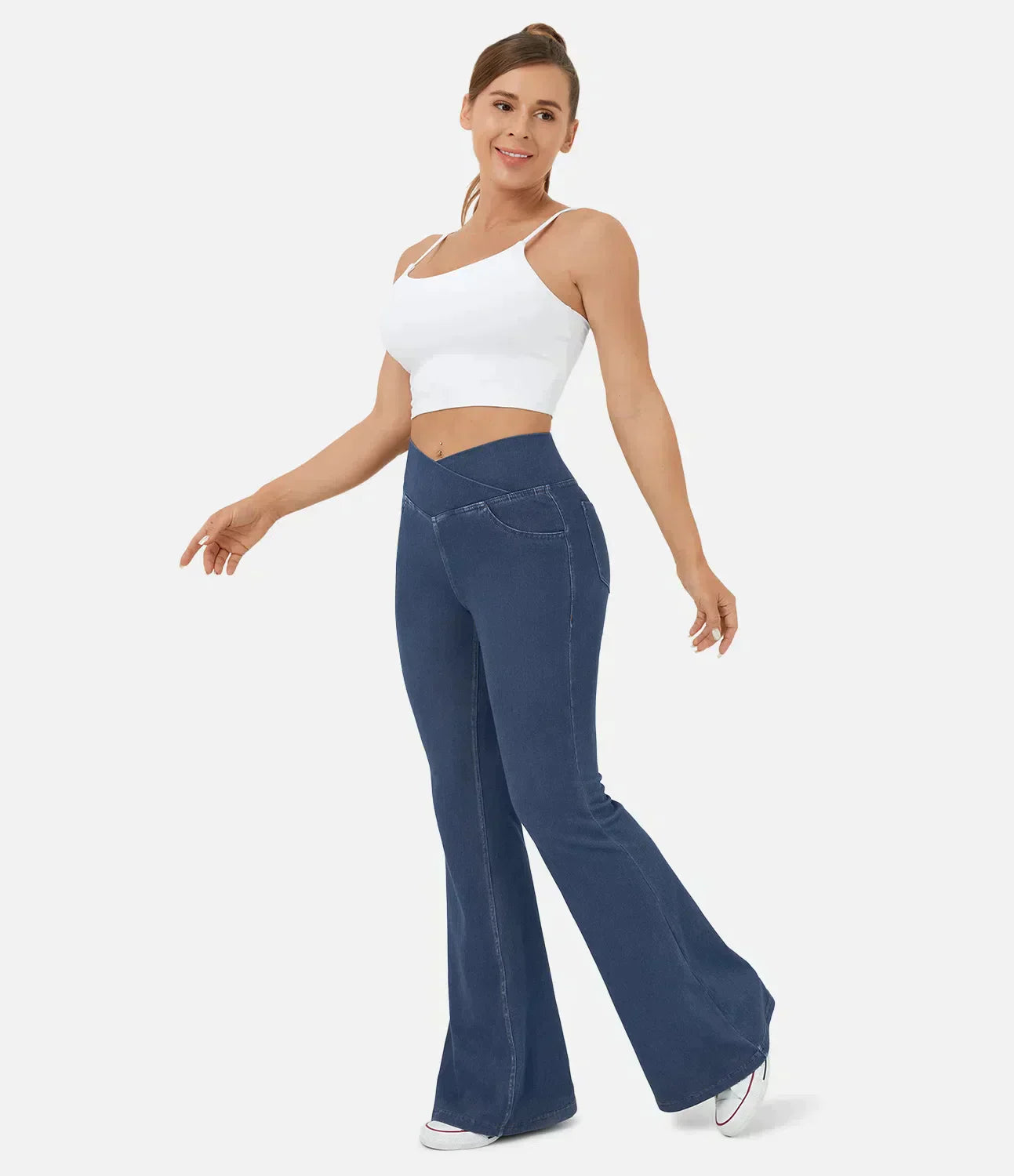 Women's high waist retro flare pants wide leg silhouette elongating fit vintage-inspired style
