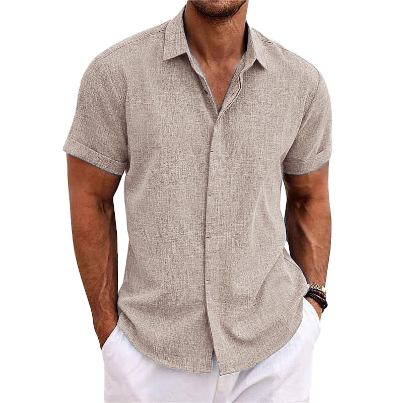 Men's beige linen-cotton blend casual shirt regular fit short sleeve button closure lightweight