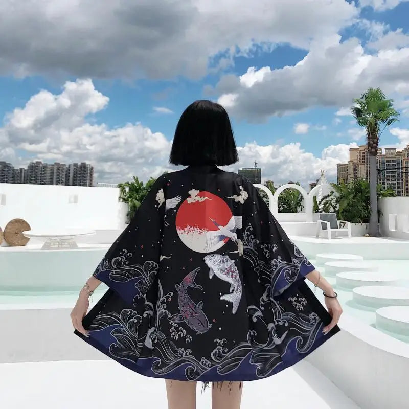 Rim-pink kimono jacket women loose flowing silhouette with elegant Japanese bird pattern print