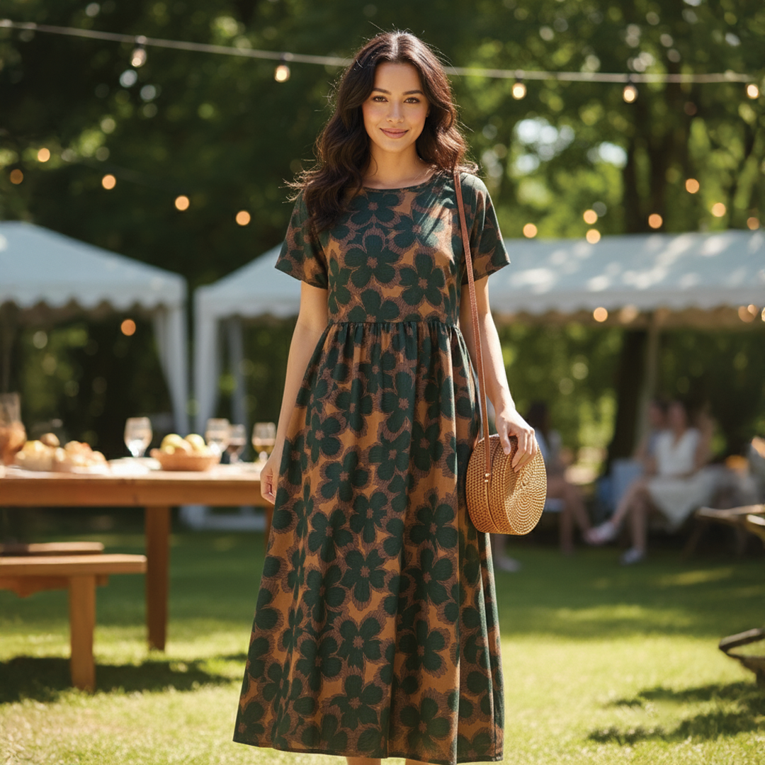 Boho midi dress with elastic waist, textured detail, relaxed silhouette, pockets, brunch beach style