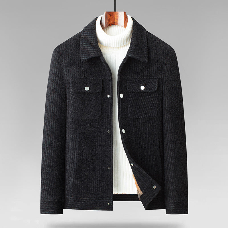 Men's navy smart casual transitional jacket with shirt collar and button placket