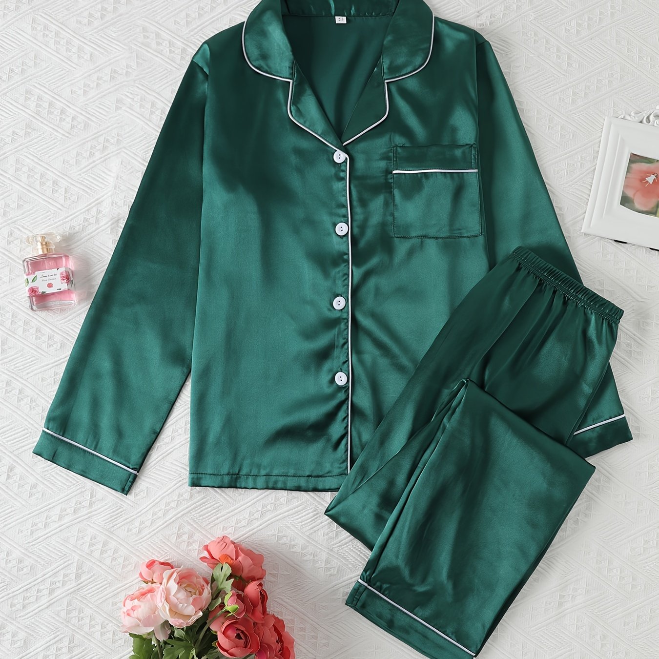 Women's button-up pajama set long sleeve top and pants cozy relaxed fit classic collar nightwear