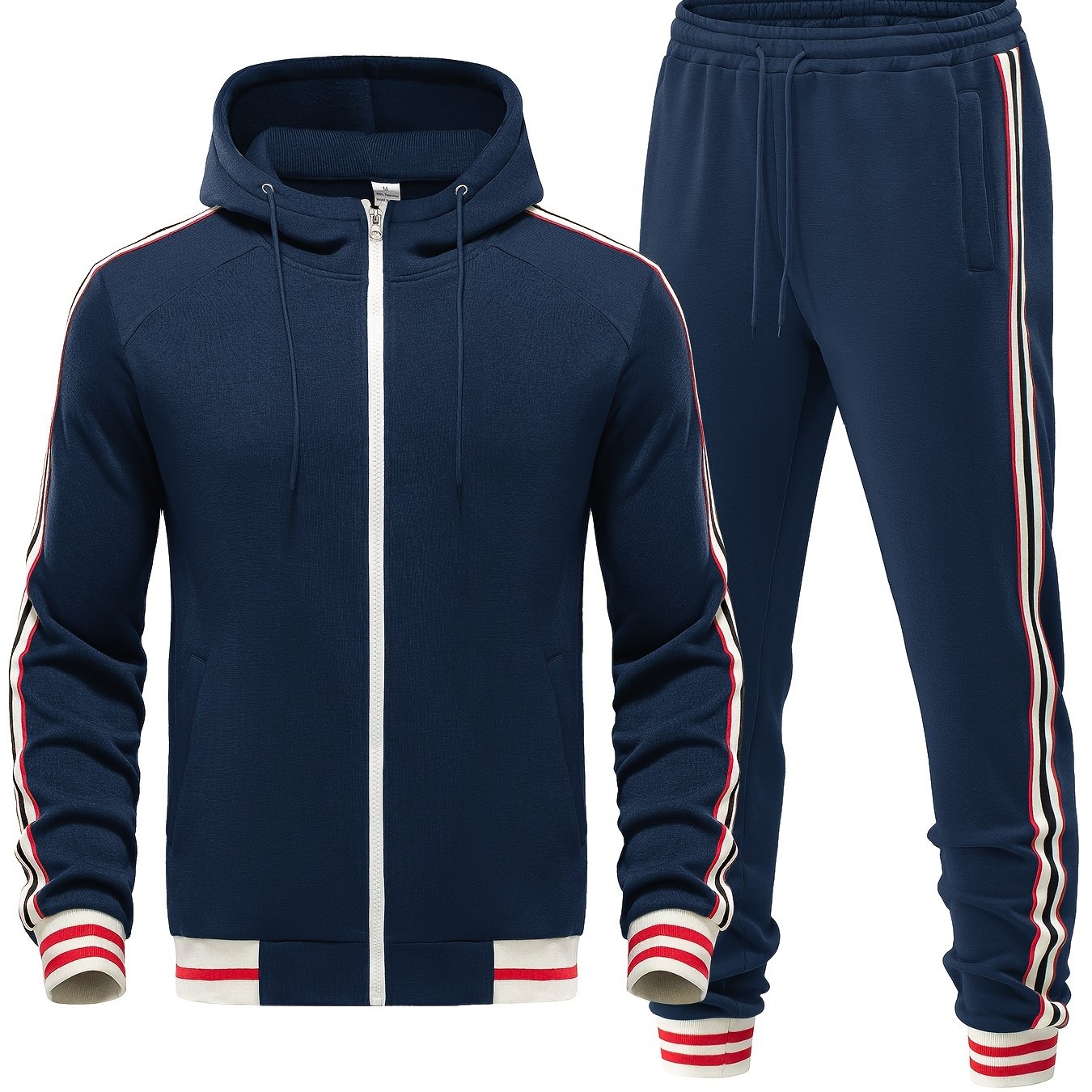Men's gray hooded two-piece tracksuit with full zip closure and sporty stripe detailing