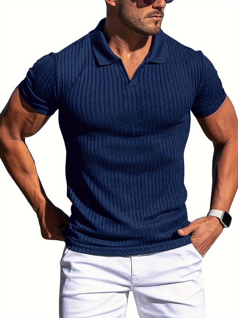 Men's slim fit ribbed knit polo shirt short sleeve neutral tone textured cotton-blend fabric