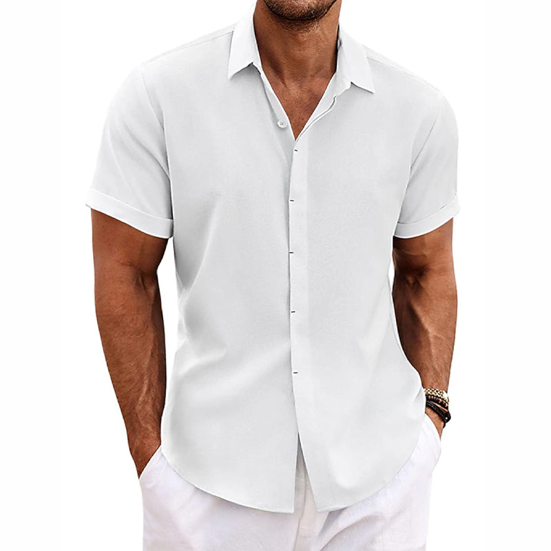 Men's light blue linen cotton blend casual shirt regular fit short sleeve button closure