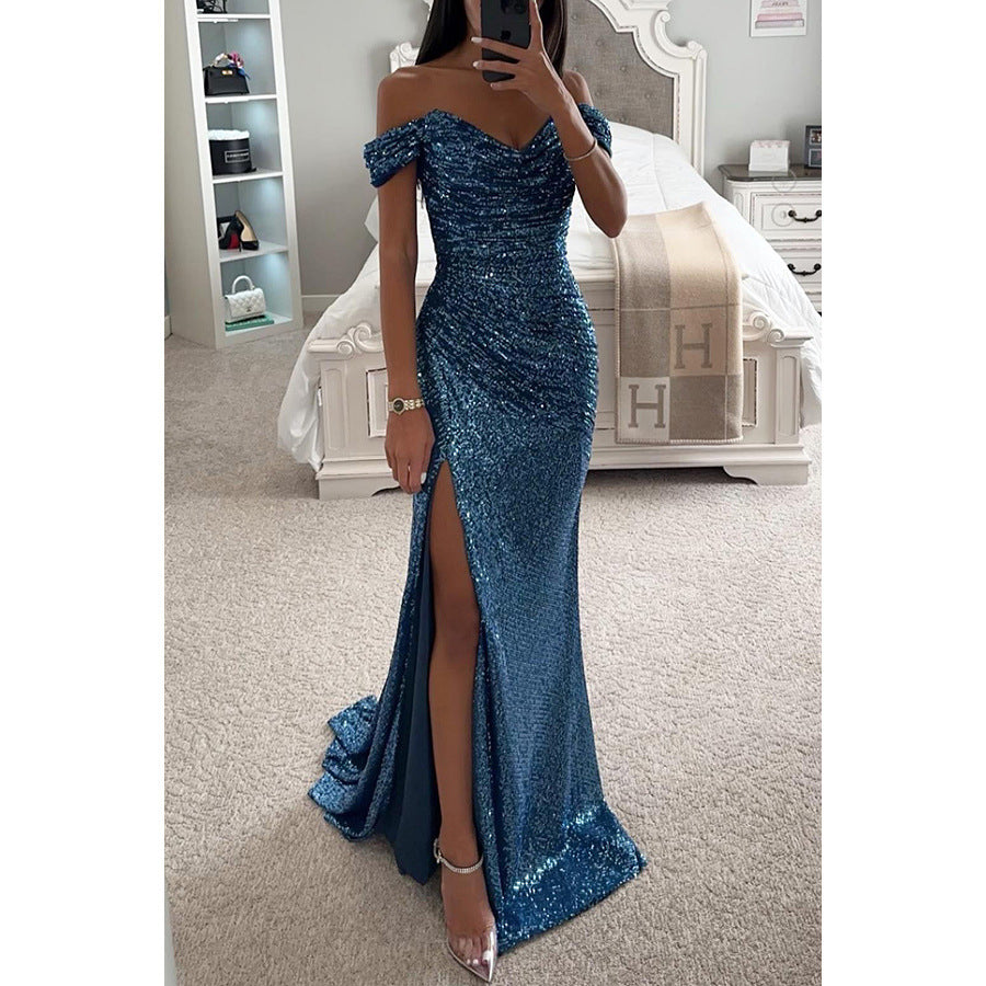 Black off-shoulder evening gown with sequin embellishments and glamorous thigh-high slit