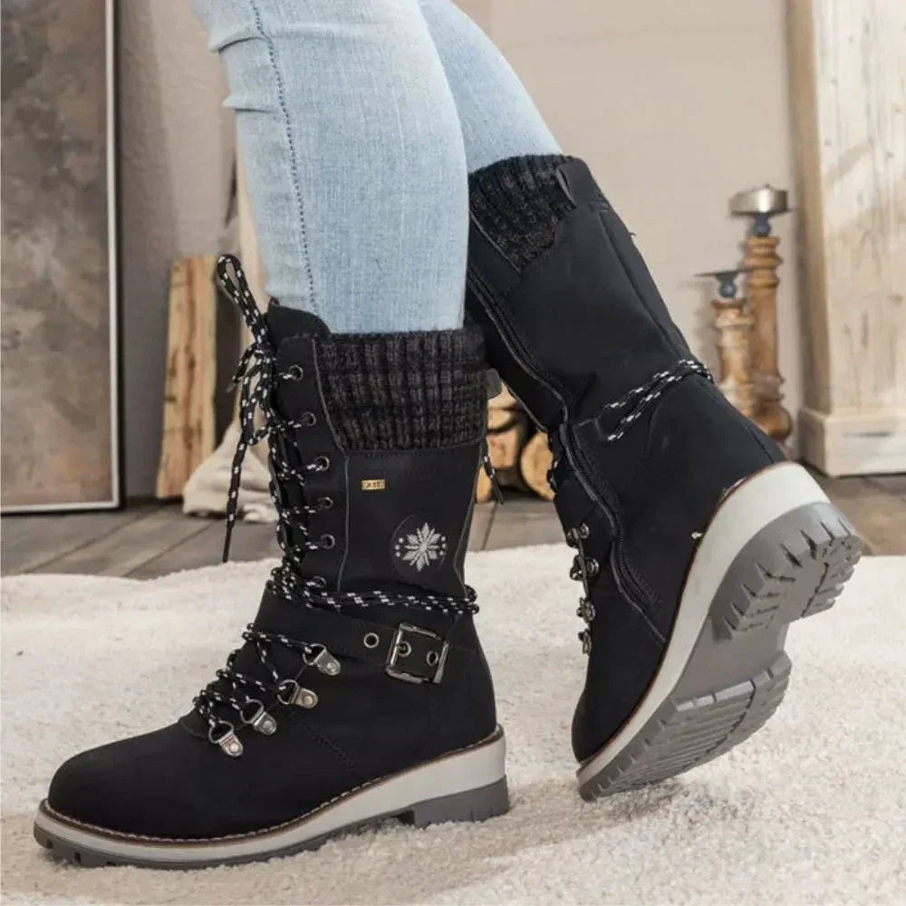 Women's black leather lace-up winter boots with non-slip sole for all-day comfort