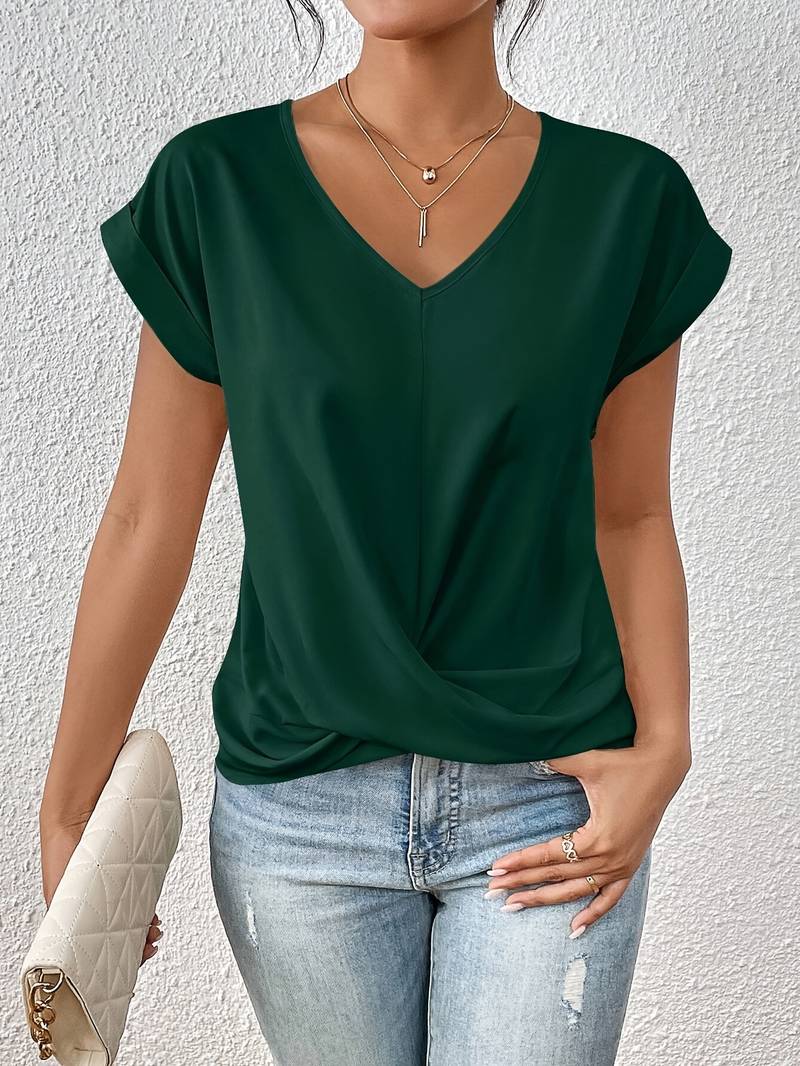 Everly twist-knot V-neck blouse lightweight wrinkle-resistant short-sleeve top draped silhouette