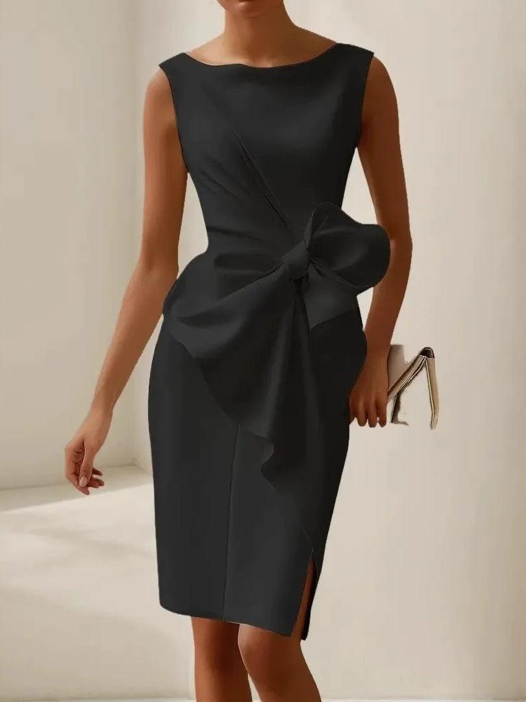 Women's black jacquard bow tie dress elegant A-line business office wear cotton blend