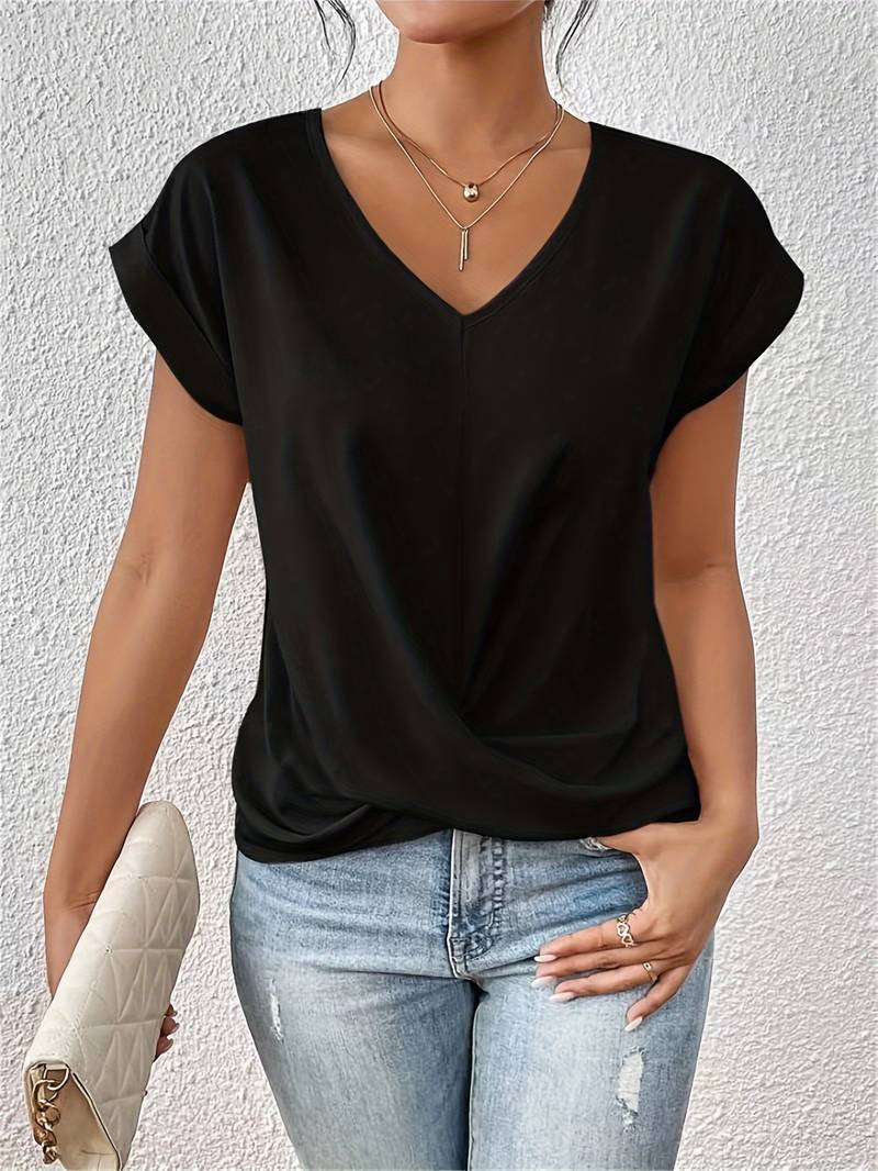 Everly twist-knot V-neck blouse lightweight wrinkle-resistant short-sleeve top draped silhouette