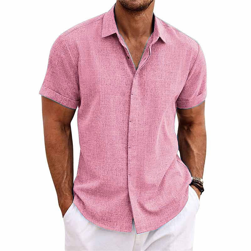 Men's light blue linen-cotton blend casual shirt regular fit short sleeve button closure
