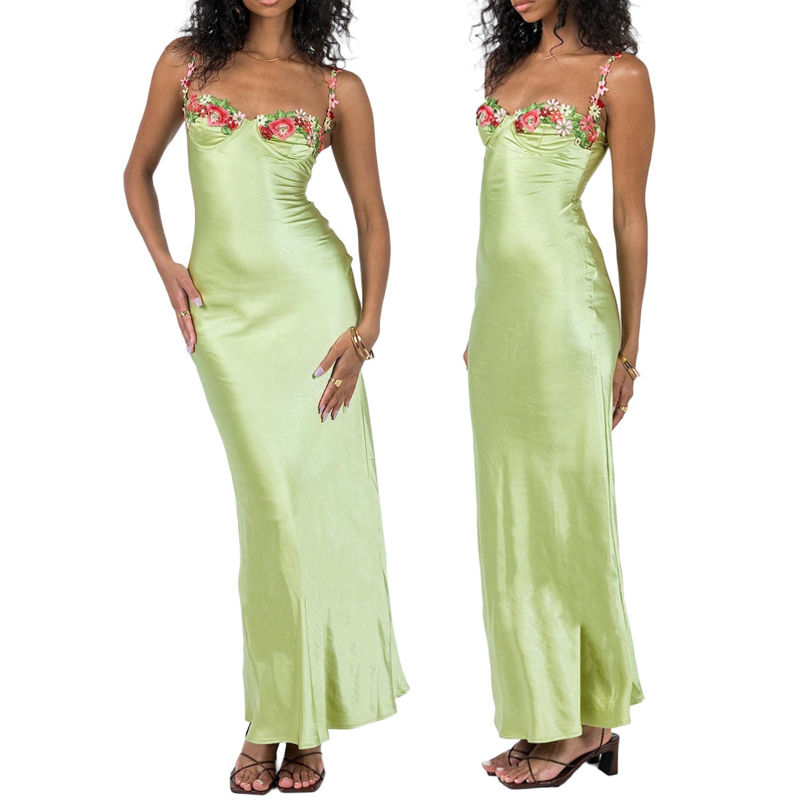 Women's satin maxi slip gown with floral embroidered bodice, elegant festive silhouette for parties