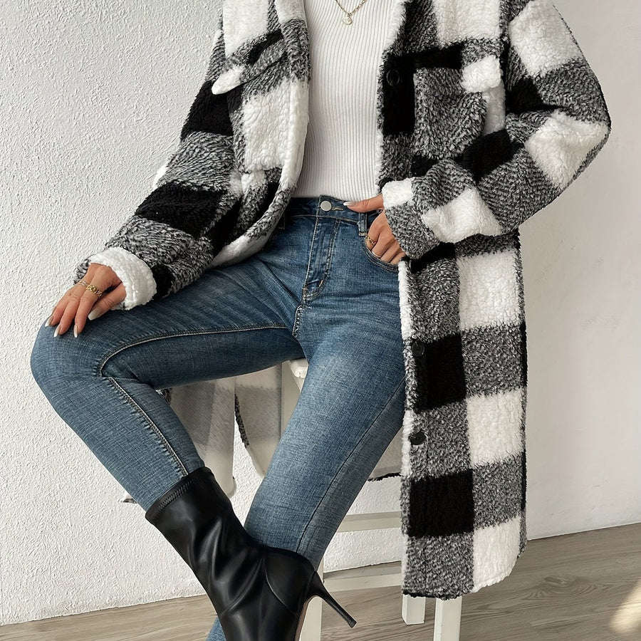 Oversized women's checked teddy coat mid-length plush texture cozy fall winter outerwear