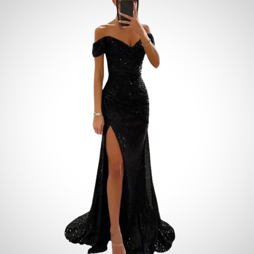Black strapless long evening dress with fluid silhouette and elegant shoulder-baring neckline
