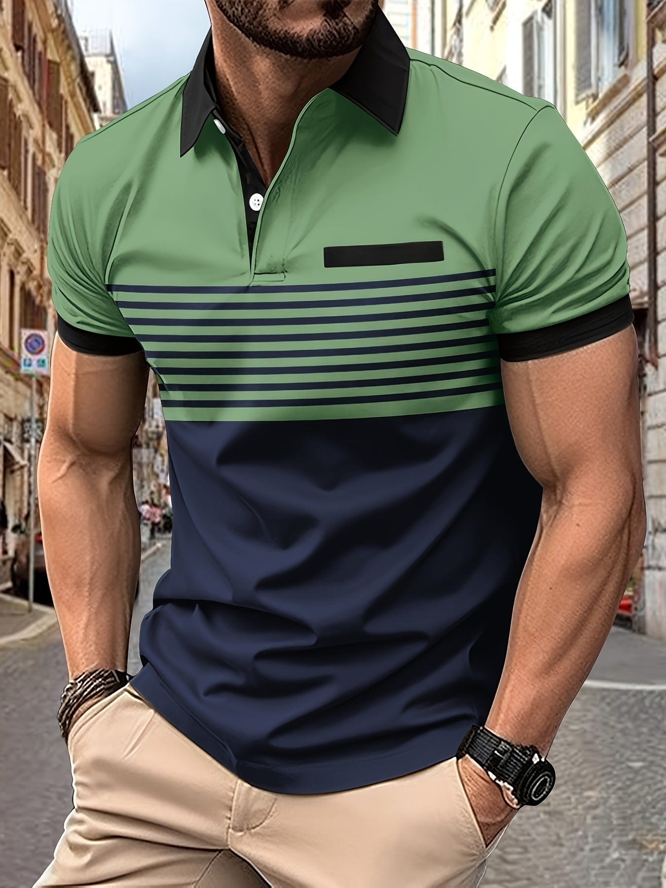 Men's striped polo shirt short sleeve classic collar chest pocket elegant casual summer style