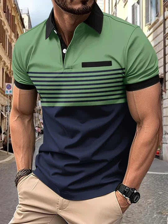 Men's white and navy striped polo shirt breathable classic fit for casual summer outings