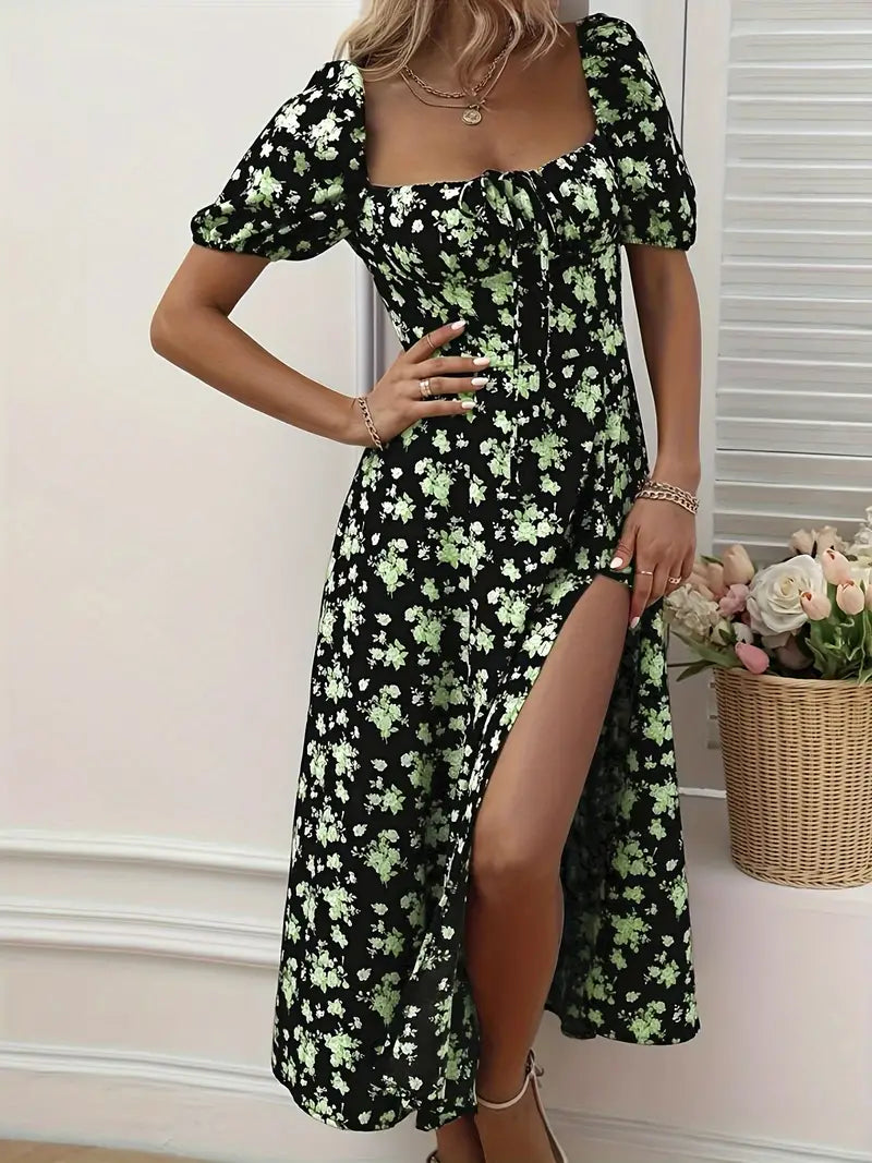 Women's A-line floral dress with puff sleeves, elegant spring summer feminine silhouette