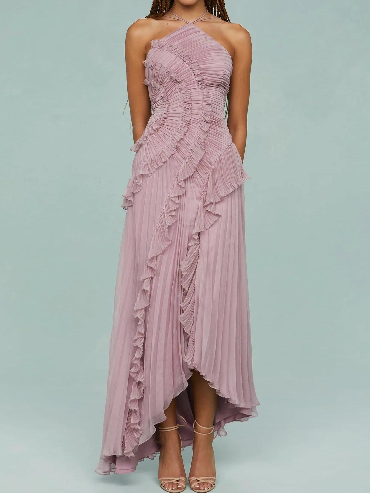 Black asymmetric halter neck pleated midi dress with layered ruffle and high-low hem