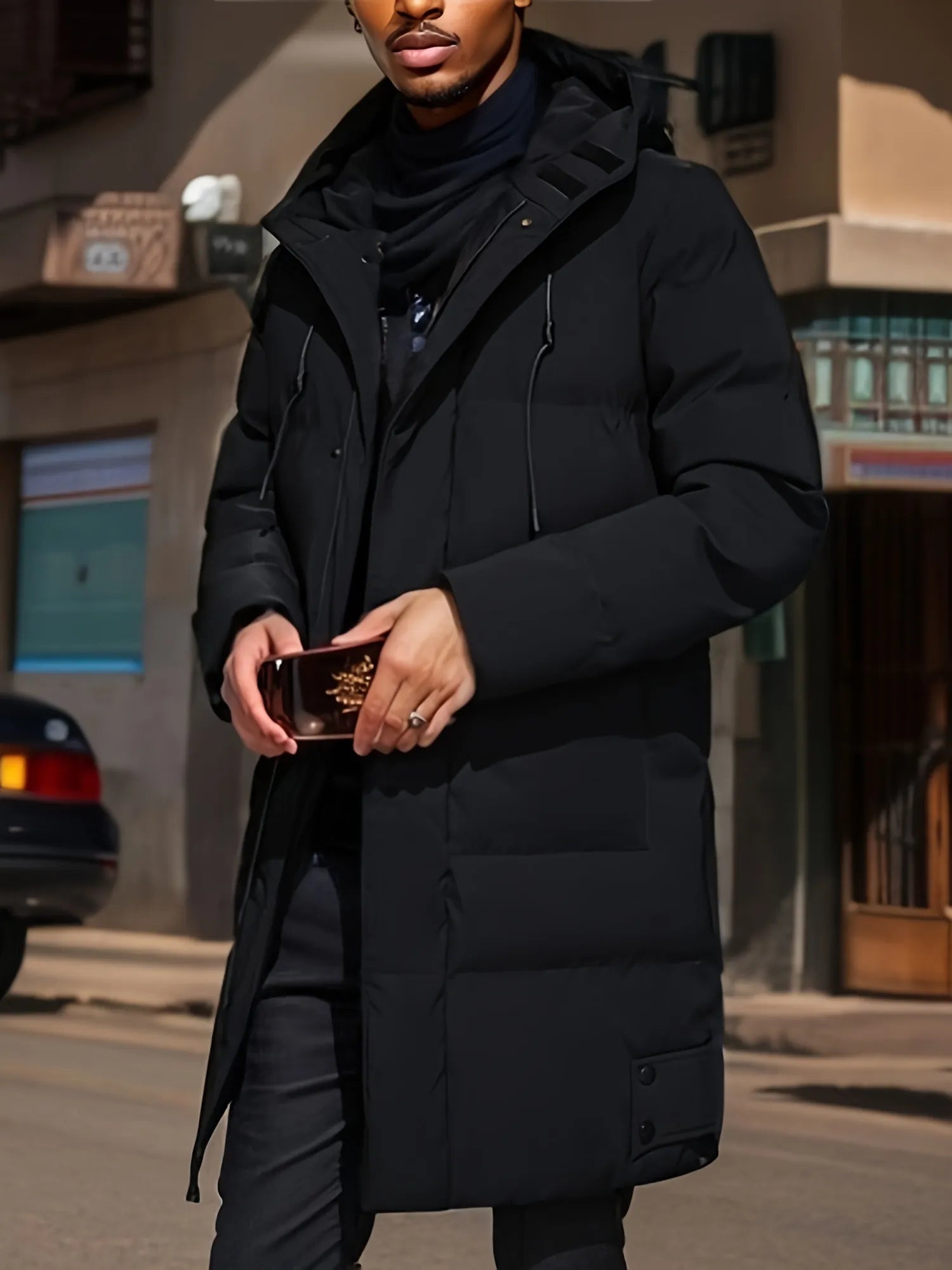 Men's long coat water-resistant thermal insulation sleek urban silhouette in neutral tone