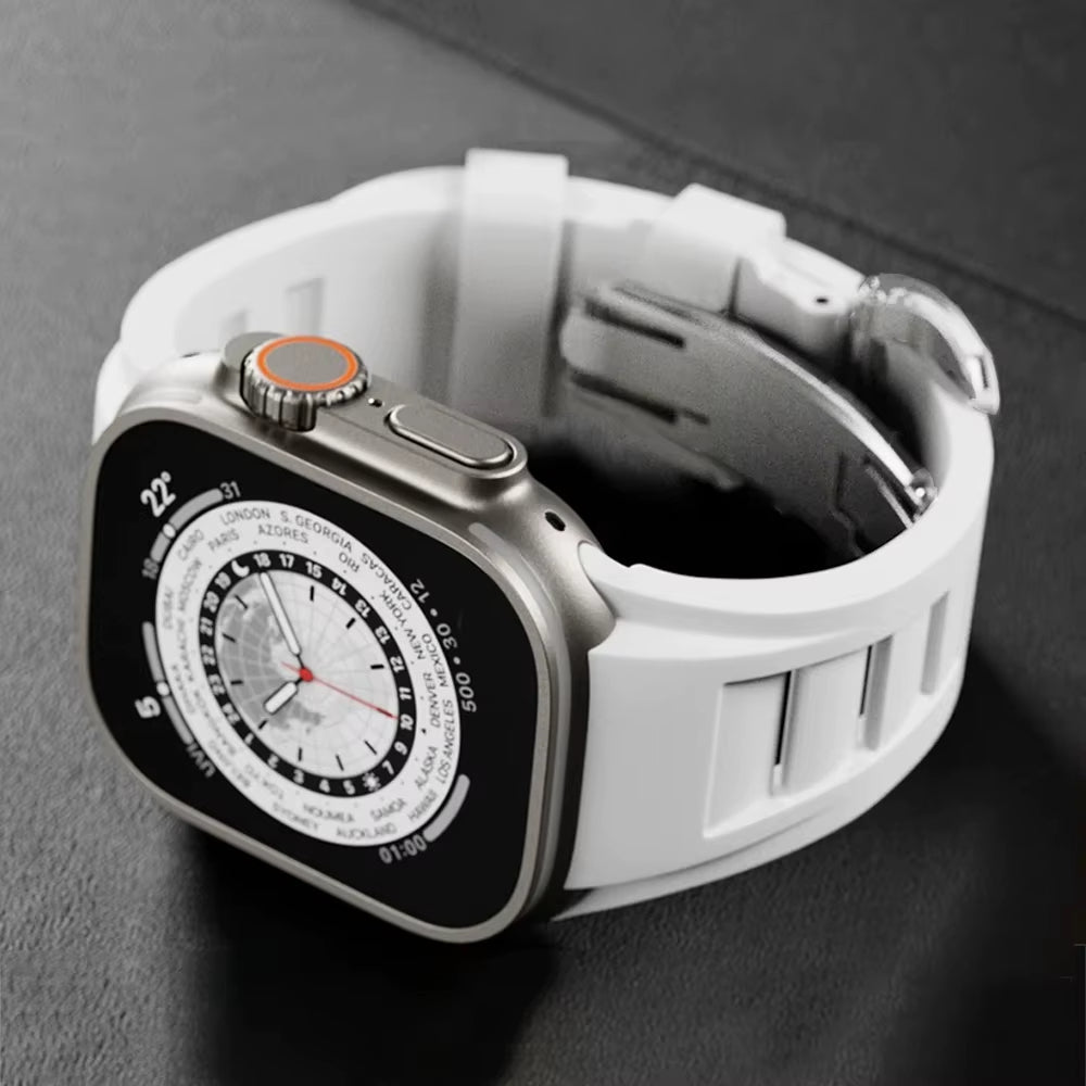 Rugged fluoroelastomer Apple Watch band with stainless steel clasp for extreme athletes