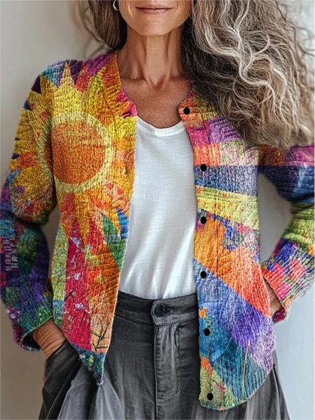Women's colorful patchwork knit cardigan with front buttons, ribbed trim, and long sleeves