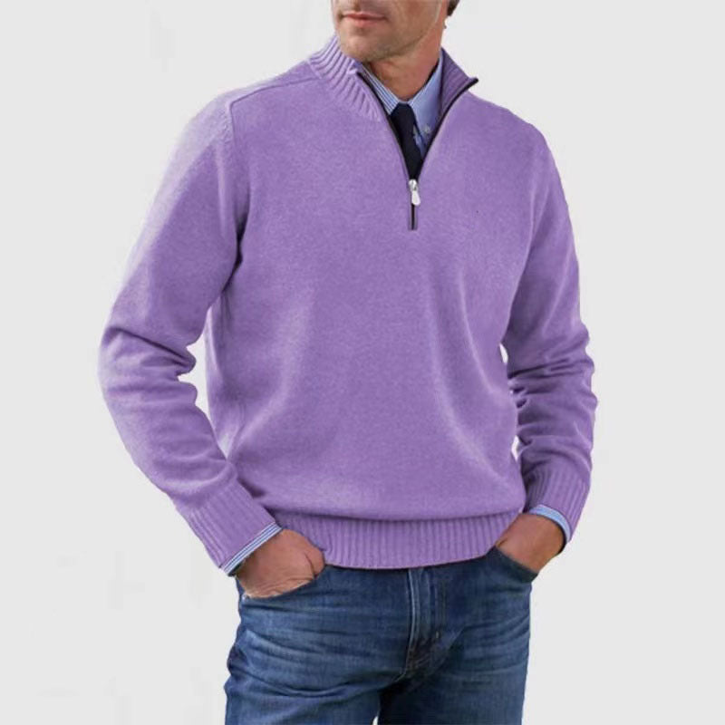 Men's navy cotton knit sweater with zipper mock neck, warm blend for modern casual everyday style