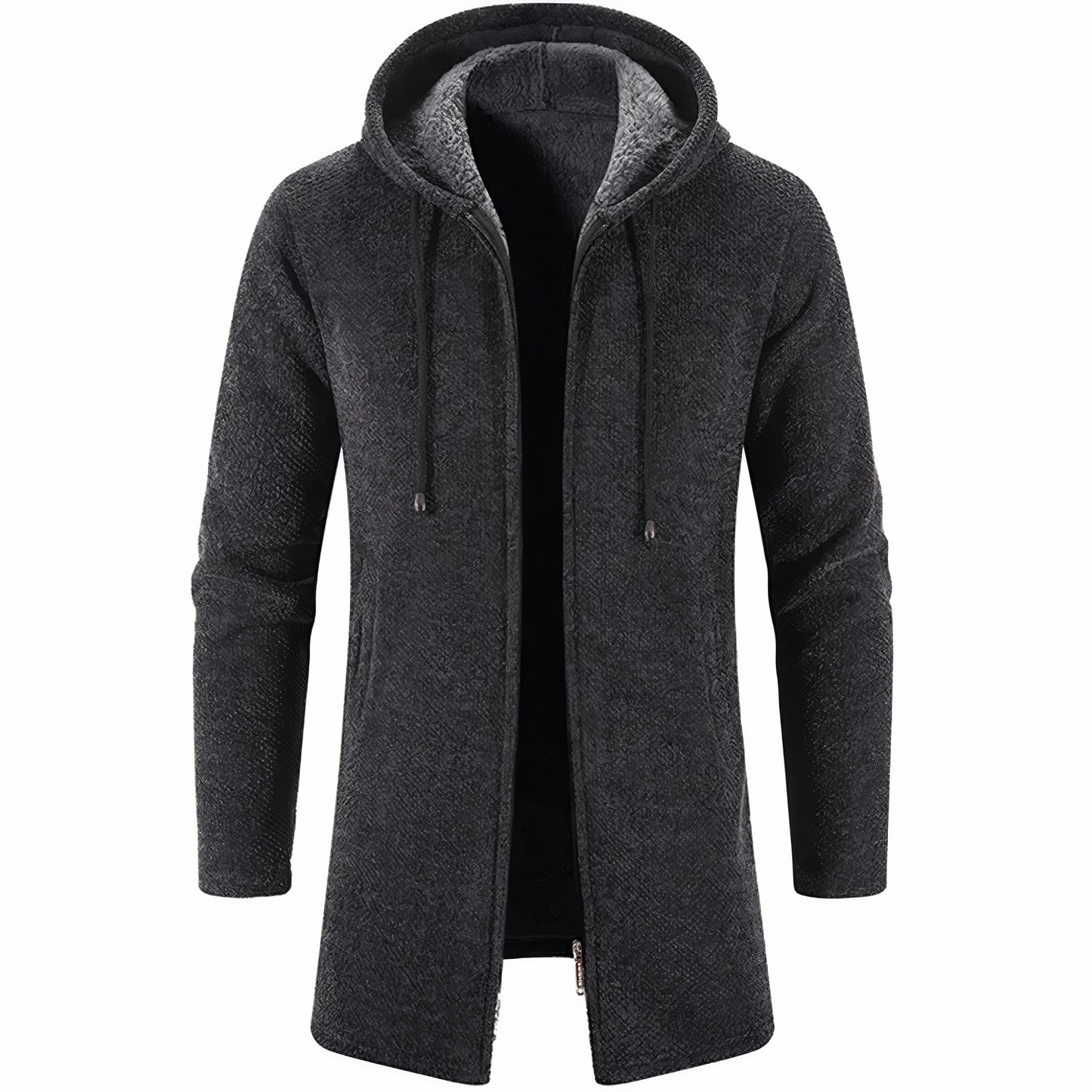 Men's long hooded jacket urban style streamlined silhouette weatherproof adjustable hood full coverage