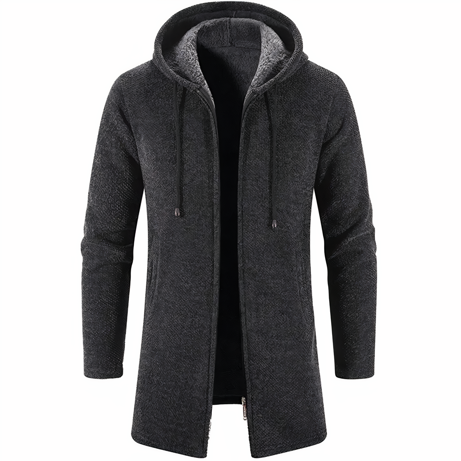 Men's long hooded jacket urban style streamlined silhouette weatherproof adjustable hood full coverage