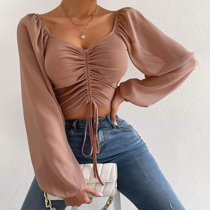 Women's cropped blouse soft cotton blend cinched ruched waist sheer sleeves flattering everyday fit