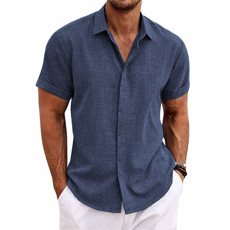 Men's beige linen-cotton blend casual shirt regular fit short sleeve button closure lightweight