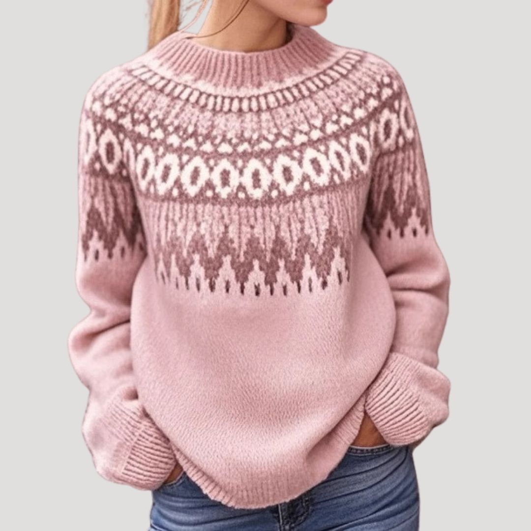 Women's spring patterned knit pullover sweater in casual relaxed fit with intricate textured design