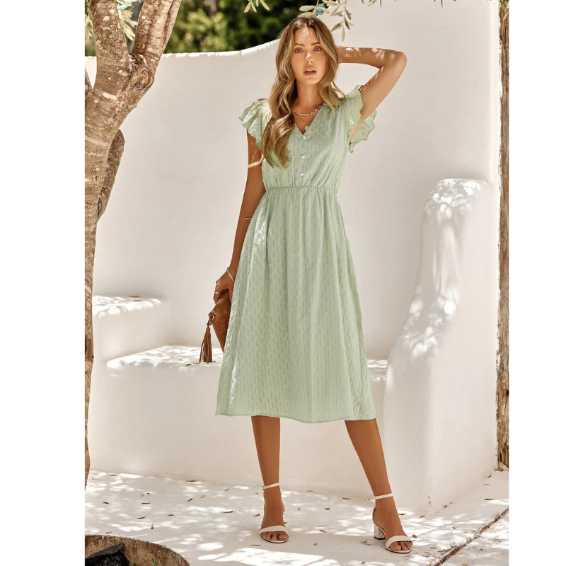 Elyna women's midi summer dress short sleeves V-neckline ruffled feminine silhouette lightweight