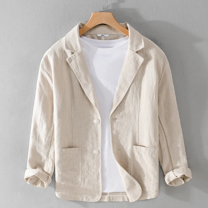 Men's casual relaxed-fit jacket in neutral tone with notched collar for modern everyday elegance