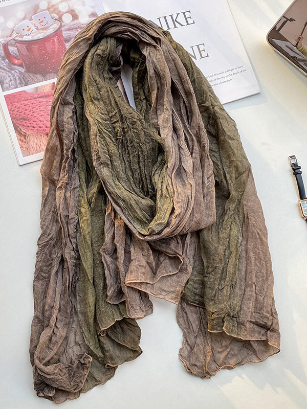 Tie-dyed gradient cotton linen scarf, earth-toned pleated texture, oversized boho chic vintage style