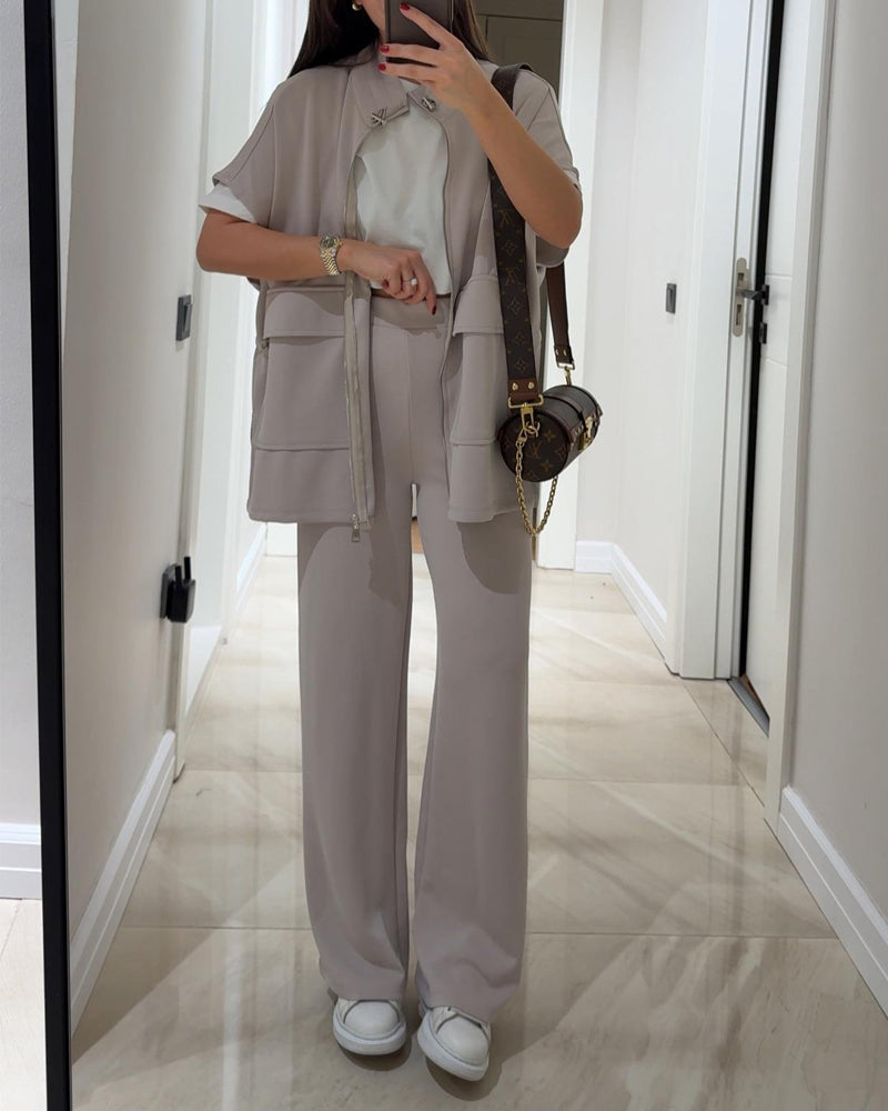 Women casual two-piece set with stretch waist detail top and matching pants for everyday comfort
