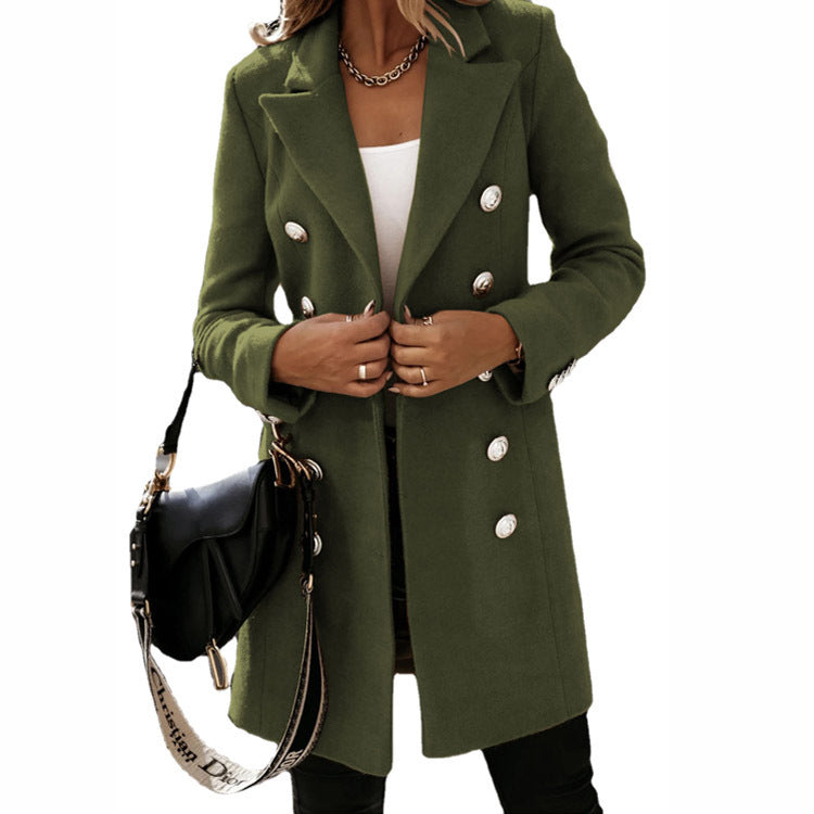 Women's double-breasted long coat notch collar elegant polyester outerwear warm autumn winter