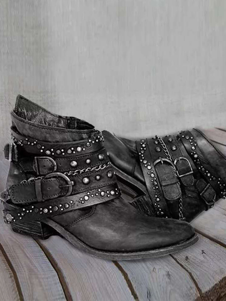 Women's vintage washed leather-look ankle boots with studded buckles, low heel, retro style