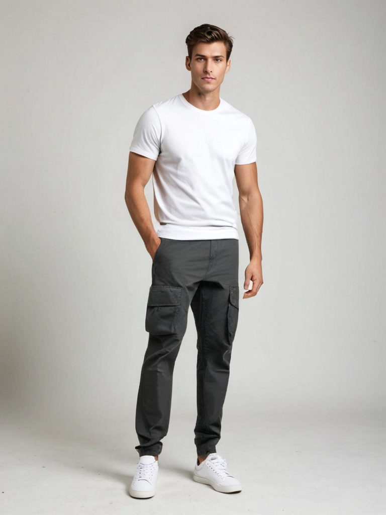 Men's khaki straight-leg cargo pants breathable cotton with multi-pocket utility design
