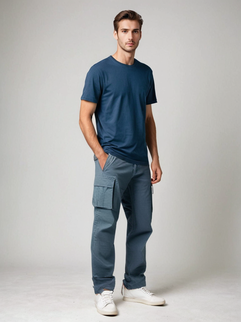 Men's khaki straight-leg cargo pants in breathable cotton with multiple utility pockets