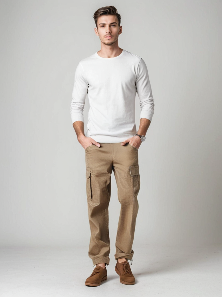 Men's gray straight-leg cargo pants breathable cotton multi-pocket everyday casual style