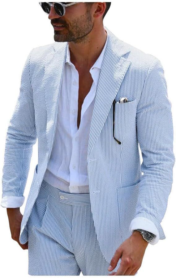 Men's light blue seersucker two-piece suit slim-fit jacket and trousers with wrinkle-resistant fabric